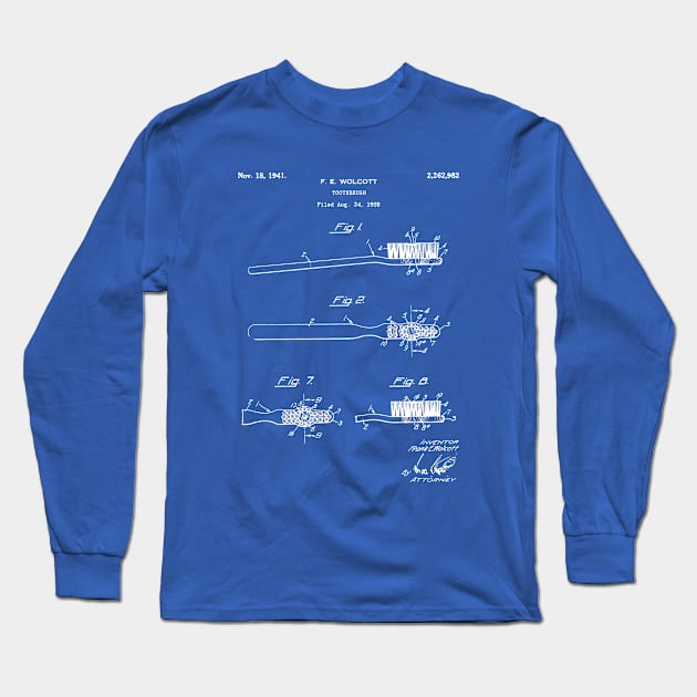 Toothbrush Patent - Bathroom Art - Blueprint Long Sleeve T-Shirt by patentpress